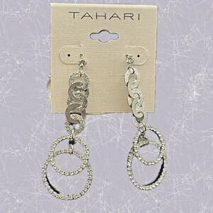 Tahari Silver Pave Crystal Textured Interlocking Circles Double Hoop Earrings